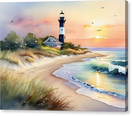 Lighthouse Beach, Canvas Print, Watercolor, Impressionistic Landscape, Beach Artwork, Beach Landscape, New York Art, Wall Décor, Wall Art