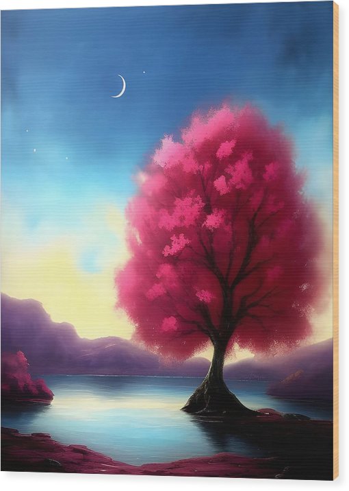 Tree By The Lake, Wood Print, Oil On Canvas, Impressionistic Landscape, Landscape Art, Lake Artwork, Lake Art, Serene Art, Wall Décor, Wall Art