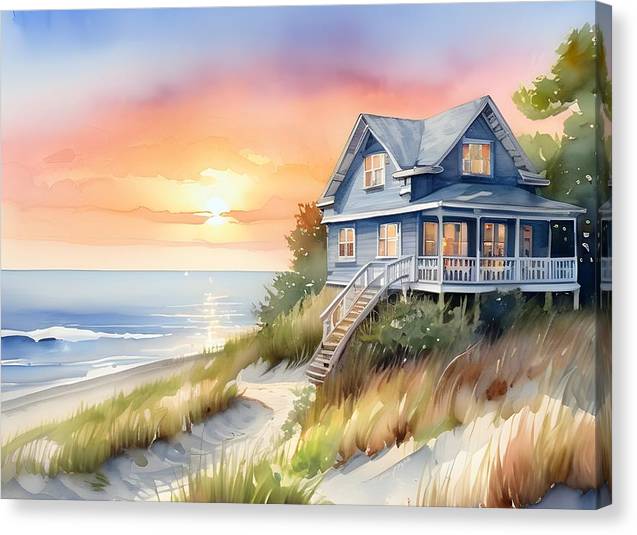 Beach House, Canvas Print, Watercolor, Impressionistic Landscape, Beach Artwork, Beach Landscape, Beach Art, Wall Décor, Wall Art