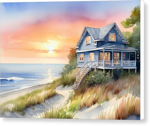 Beach House, Canvas Print, Watercolor, Impressionistic Landscape, Beach Artwork, Beach Landscape, Beach Art, Wall Décor, Wall Art