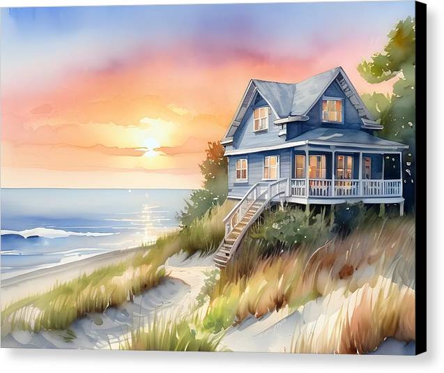 Beach House, Canvas Print, Watercolor, Impressionistic Landscape, Beach Artwork, Beach Landscape, Beach Art, Wall Décor, Wall Art