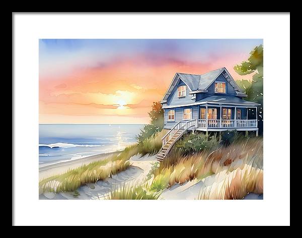 Beach House, Framed Print, Watercolor, Impressionistic Landscape, Beach Artwork, Beach Landscape, Beach Art, Wall Décor, Wall Art