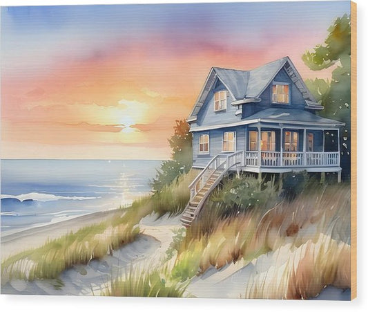 Beach House, Wood Print, Watercolor, Impressionistic Landscape, Beach Artwork, Beach Landscape, Beach Art, Wall Décor, Wall Art