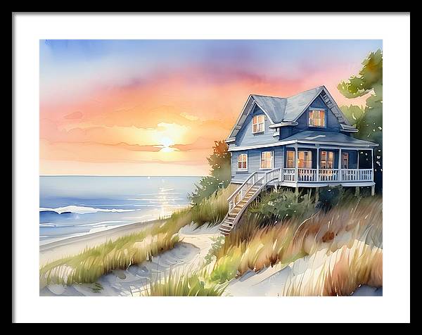 Beach House, Framed Print, Watercolor, Impressionistic Landscape, Beach Artwork, Beach Landscape, Beach Art, Wall Décor, Wall Art