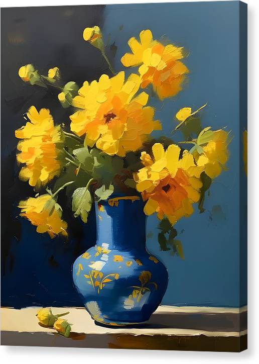 Blue Vase, Canvas Print, Still Life Art, Oil on Canvas, Yellow Flowers, Wall Décor, Wall Art, Artwork, Art Piece