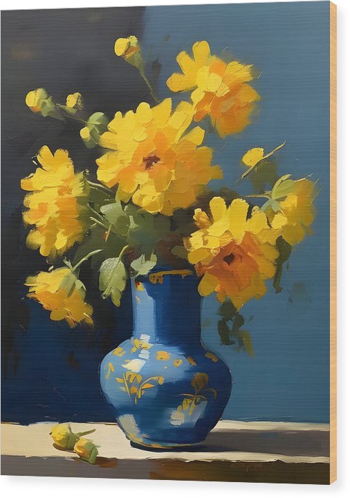 Blue Vase, Wood Print, Still Life Art, Oil on Canvas, Yellow Flowers, Wall Décor, Wall Art, Artwork, Art Piece