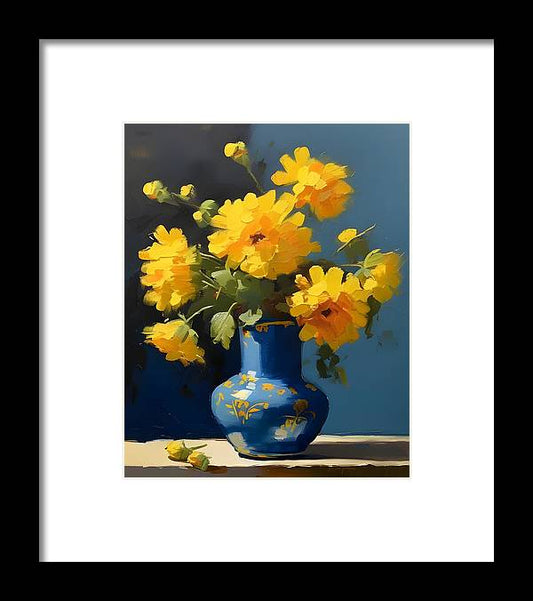 Blue Vase, Framed Print, Still Life Art, Oil on Canvas, Yellow Flowers, Wall Décor, Wall Art, Artwork, Art Piece