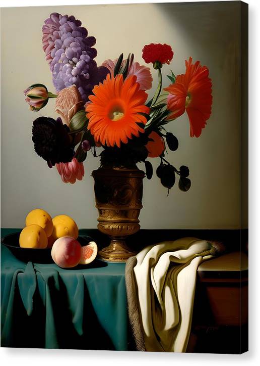 Bouquet and Fruit, Canvas Print, Still Life Art, Oil on Canvas, Flowers and Fruit, Wall Décor, Wall Art, Artwork, Art Piece