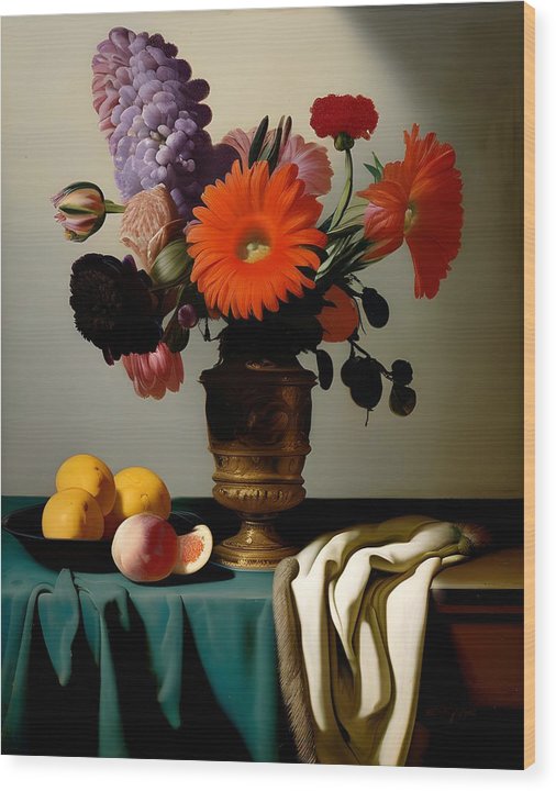 Bouquet and Fruit, Wood Print, Still Life Art, Oil on Canvas, Flowers and Fruit, Wall Décor, Wall Art, Artwork, Art Piece