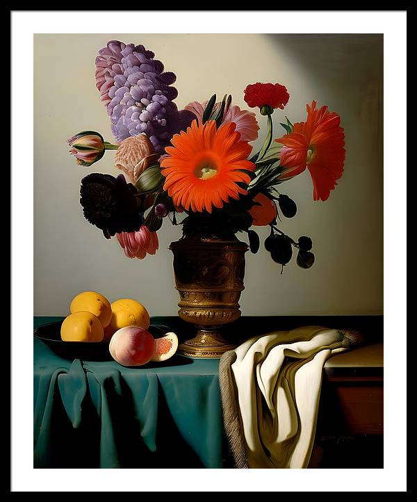 Bouquet and Fruit, Framed Print, Still Life Art, Oil on Canvas, Flowers and Fruit, Wall Décor, Wall Art, Artwork, Art Piece