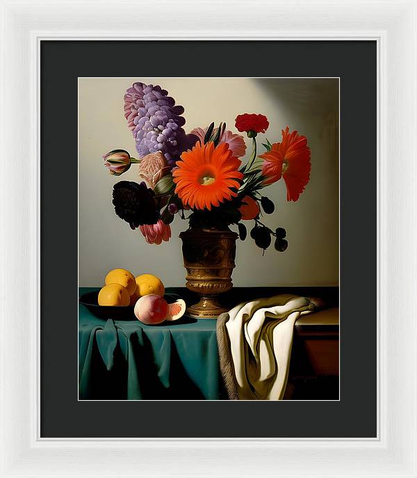 Bouquet and Fruit, Framed Print, Still Life Art, Oil on Canvas, Flowers and Fruit, Wall Décor, Wall Art, Artwork, Art Piece