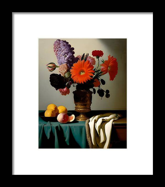 Bouquet and Fruit, Framed Print, Still Life Art, Oil on Canvas, Flowers and Fruit, Wall Décor, Wall Art, Artwork, Art Piece