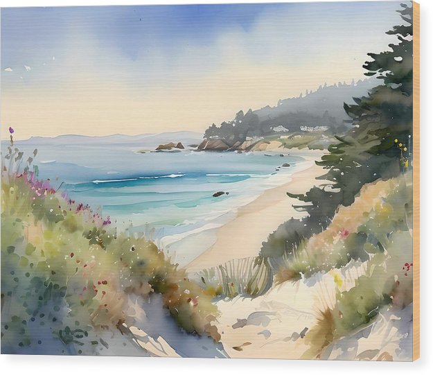 Carmel Beach, Wood Print, Watercolor, Impressionistic Landscape, Beach Artwork, Beach Landscape, California Art, Wall Décor, Wall Art