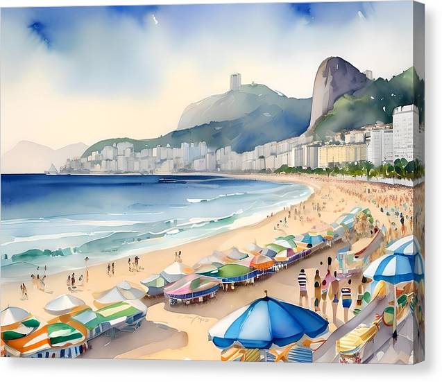 Copacabana Beach, Canvas Print, Watercolor, Impressionistic Landscape, Beach Artwork, Beach Landscape, Brazil Art, Wall Décor, Wall Art