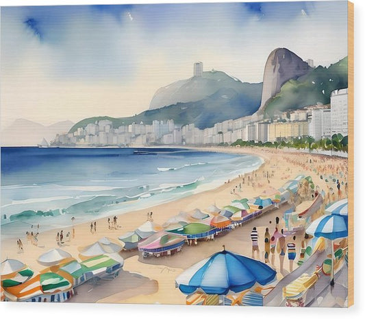 Copacabana Beach, Wood Print, Watercolor, Impressionistic Landscape, Beach Artwork, Beach Landscape, Brazil Art, Wall Décor, Wall Art