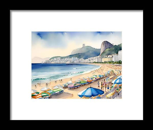Copacabana Beach, Framed Print, Watercolor, Impressionistic Landscape, Beach Artwork, Beach Landscape, Brazil Art, Wall Décor, Wall Art
