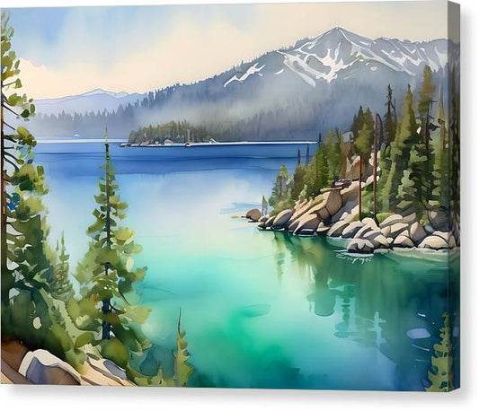 Emerald Bay, Canvas Print, Watercolor, Impressionistic Landscape, Lake Artwork, Lake Landscape, Lake Tahoe Art, Wall Décor, Wall Art