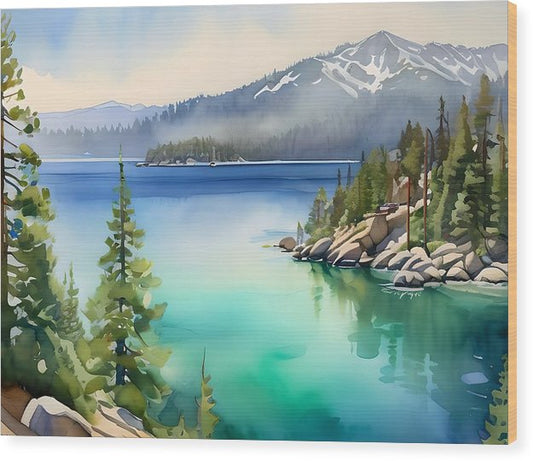 Emerald Bay, Wood Print, Watercolor, Impressionistic Landscape, Lake Artwork, Lake Landscape, Lake Tahoe Art, Wall Décor, Wall Art