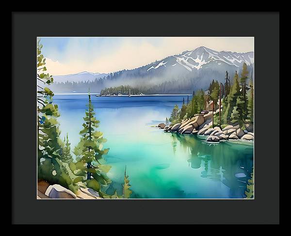 Emerald Bay, Framed Print, Watercolor, Impressionistic Landscape, Lake Artwork, Lake Landscape, Lake Tahoe Art, Wall Décor, Wall Art