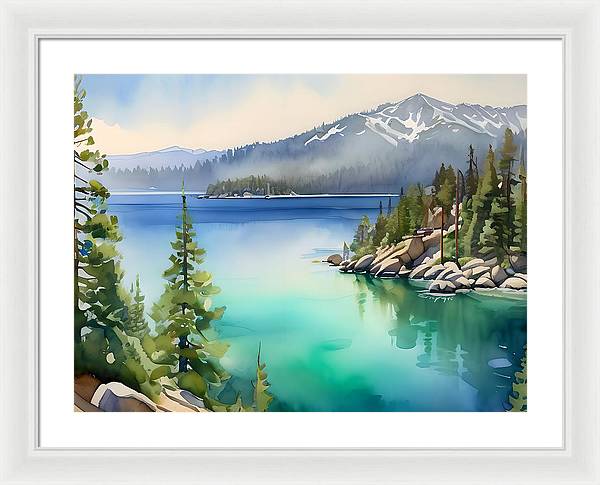 Emerald Bay, Framed Print, Watercolor, Impressionistic Landscape, Lake Artwork, Lake Landscape, Lake Tahoe Art, Wall Décor, Wall Art