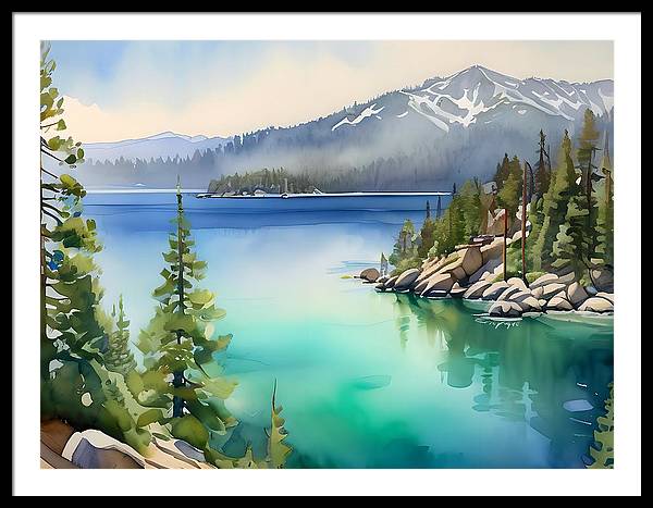 Emerald Bay, Framed Print, Watercolor, Impressionistic Landscape, Lake Artwork, Lake Landscape, Lake Tahoe Art, Wall Décor, Wall Art