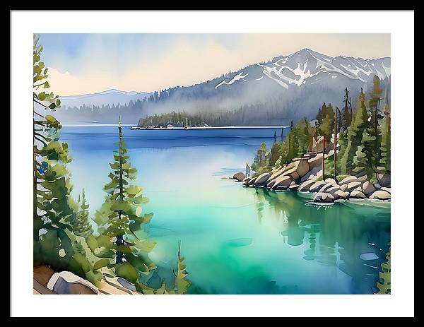 Emerald Bay, Framed Print, Watercolor, Impressionistic Landscape, Lake Artwork, Lake Landscape, Lake Tahoe Art, Wall Décor, Wall Art