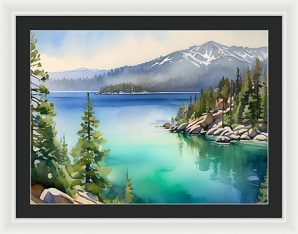 Emerald Bay, Framed Print, Watercolor, Impressionistic Landscape, Lake Artwork, Lake Landscape, Lake Tahoe Art, Wall Décor, Wall Art