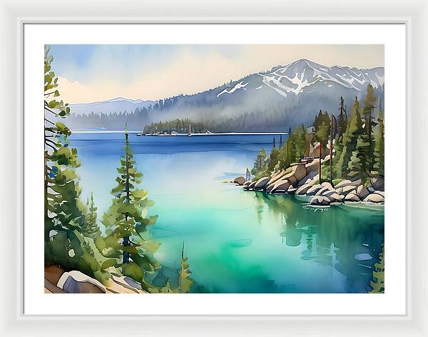 Emerald Bay, Framed Print, Watercolor, Impressionistic Landscape, Lake Artwork, Lake Landscape, Lake Tahoe Art, Wall Décor, Wall Art