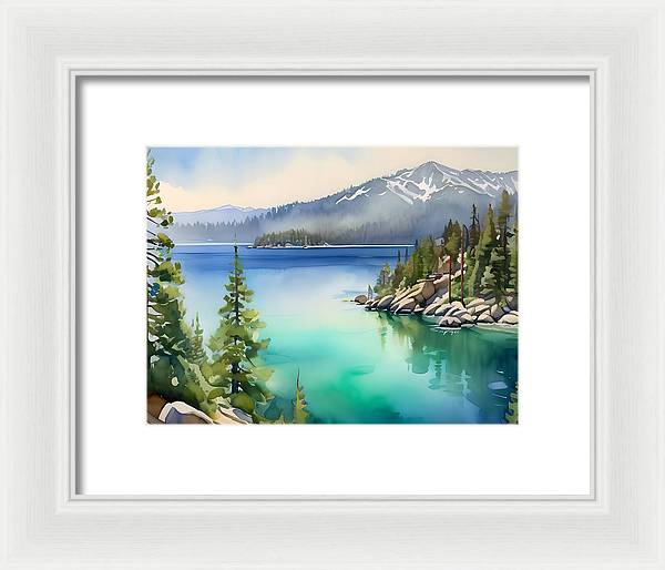 Emerald Bay, Framed Print, Watercolor, Impressionistic Landscape, Lake Artwork, Lake Landscape, Lake Tahoe Art, Wall Décor, Wall Art