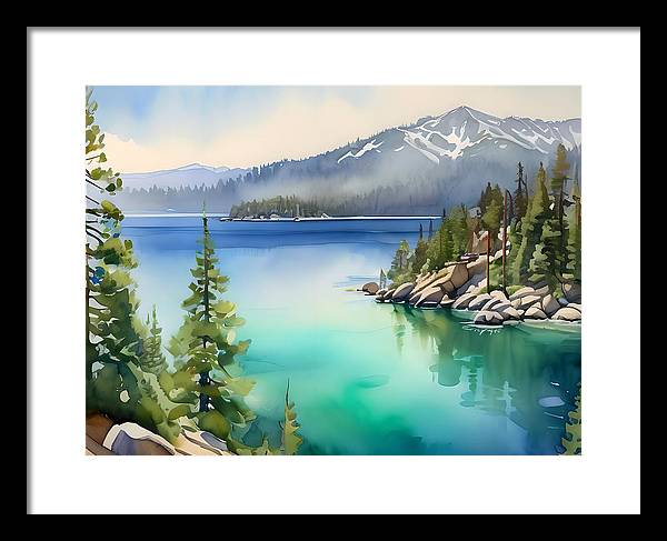 Emerald Bay, Framed Print, Watercolor, Impressionistic Landscape, Lake Artwork, Lake Landscape, Lake Tahoe Art, Wall Décor, Wall Art