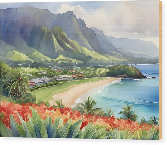 Hanalei Bay, Wood Print, Watercolor, Impressionistic Landscape, Beach Artwork, Beach Landscape, Hawaii Art, Wall Décor, Wall Art