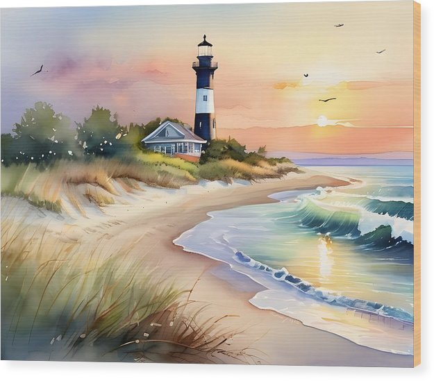 Lighthouse Beach, Wood Print, Watercolor, Impressionistic Landscape, Beach Artwork, Beach Landscape, New York Art, Wall Décor, Wall Art