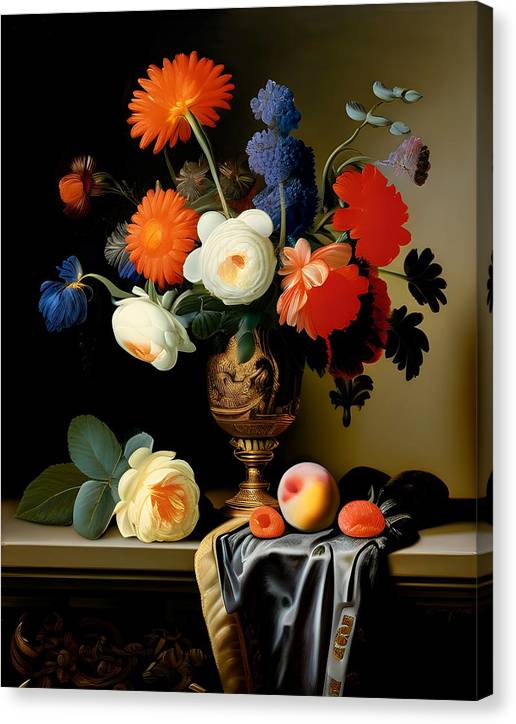 Lush Bouquet, Canvas Print, Still Life Art, Oil on Canvas, Flowers and Fruit, Wall Décor, Wall Art, Artwork, Art Piece