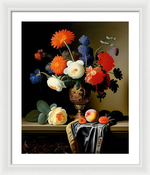 Lush Bouquet, Framed Print, Still Life Art, Oil on Canvas, Flowers and Fruit, Wall Décor, Wall Art, Artwork, Art Piece