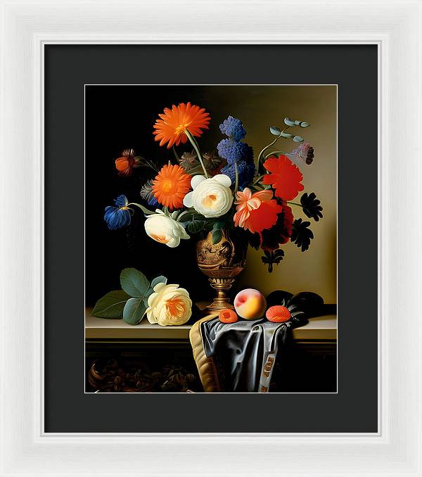 Lush Bouquet, Framed Print, Still Life Art, Oil on Canvas, Flowers and Fruit, Wall Décor, Wall Art, Artwork, Art Piece