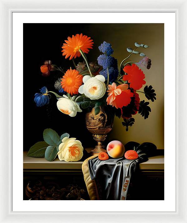 Lush Bouquet, Framed Print, Still Life Art, Oil on Canvas, Flowers and Fruit, Wall Décor, Wall Art, Artwork, Art Piece