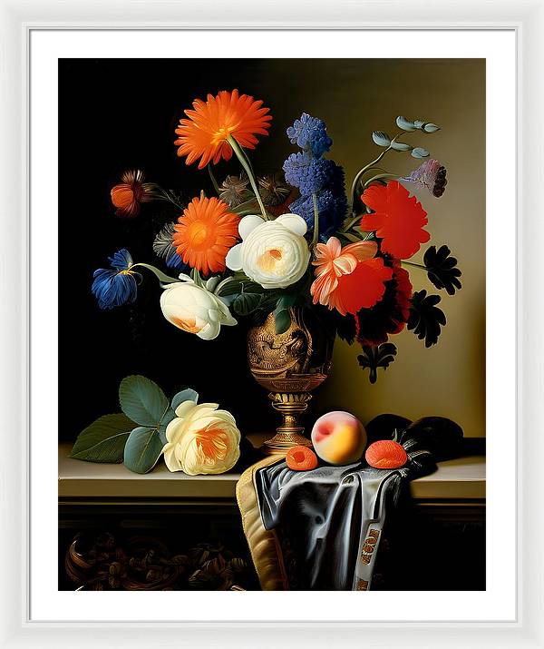 Lush Bouquet, Framed Print, Still Life Art, Oil on Canvas, Flowers and Fruit, Wall Décor, Wall Art, Artwork, Art Piece