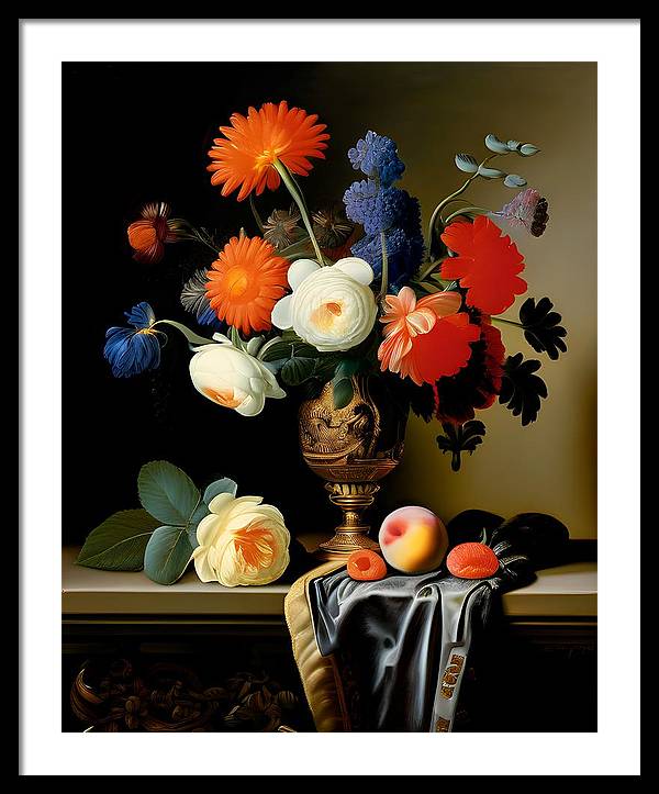 Lush Bouquet, Framed Print, Still Life Art, Oil on Canvas, Flowers and Fruit, Wall Décor, Wall Art, Artwork, Art Piece