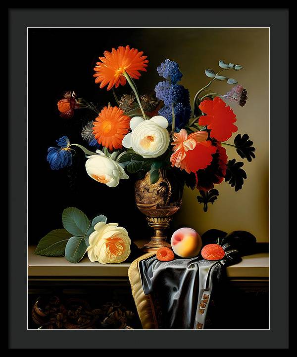 Lush Bouquet, Framed Print, Still Life Art, Oil on Canvas, Flowers and Fruit, Wall Décor, Wall Art, Artwork, Art Piece