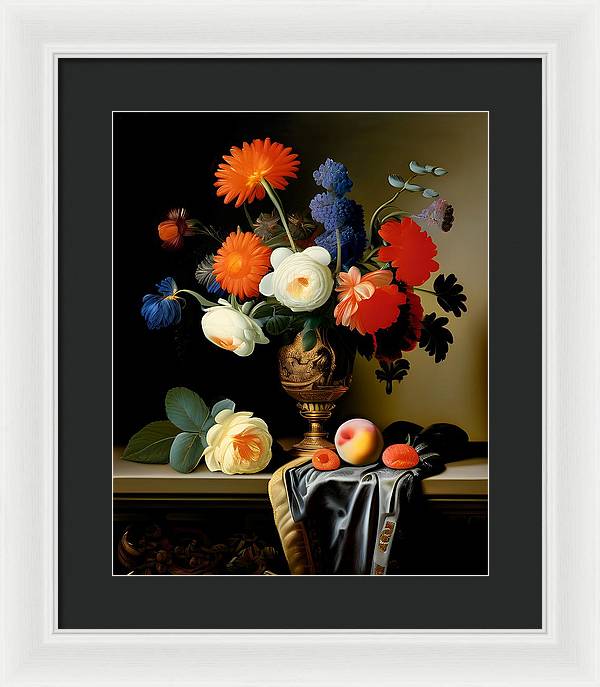 Lush Bouquet, Framed Print, Still Life Art, Oil on Canvas, Flowers and Fruit, Wall Décor, Wall Art, Artwork, Art Piece