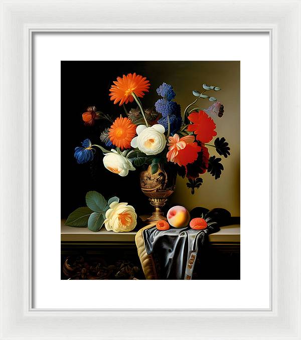 Lush Bouquet, Framed Print, Still Life Art, Oil on Canvas, Flowers and Fruit, Wall Décor, Wall Art, Artwork, Art Piece