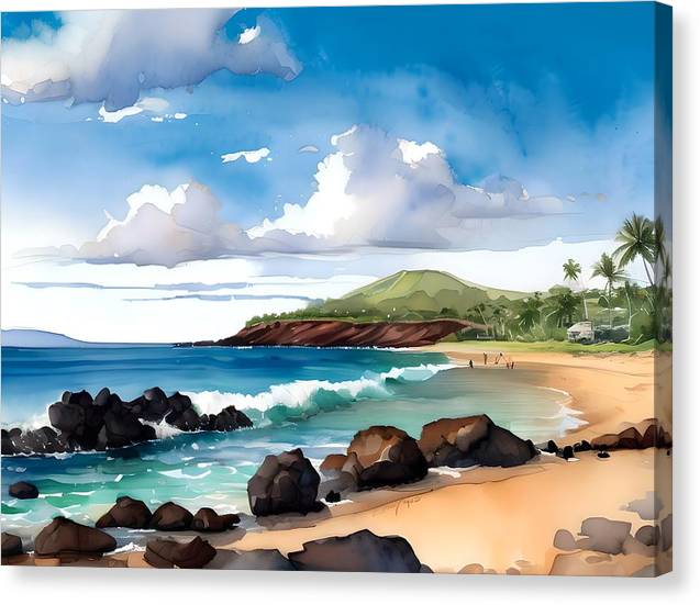 Makena Beach, Canvas Print, Watercolor, Impressionistic Landscape, Beach Artwork, Beach Landscape, Maui Art, Wall Décor, Wall Art