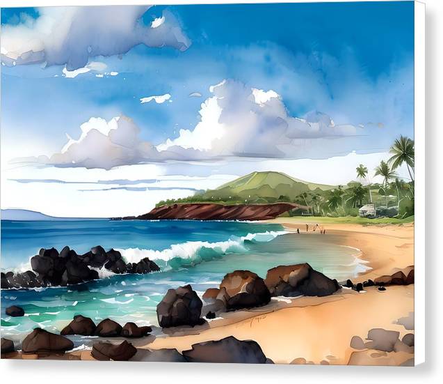 Makena Beach, Canvas Print, Watercolor, Impressionistic Landscape, Beach Artwork, Beach Landscape, Maui Art, Wall Décor, Wall Art