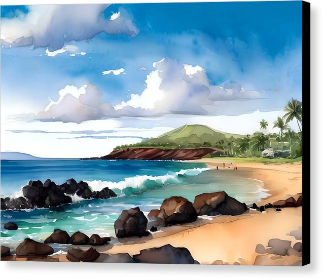 Makena Beach, Canvas Print, Watercolor, Impressionistic Landscape, Beach Artwork, Beach Landscape, Maui Art, Wall Décor, Wall Art