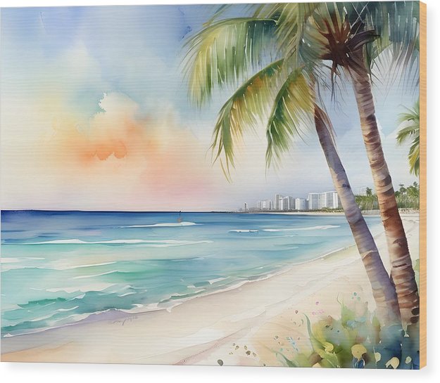 Miami Beach, Wood Print, Watercolor, Impressionistic Landscape, Beach Artwork, Beach Landscape, Florida Art, Wall Décor, Wall Art