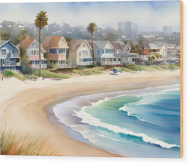 Mission Beach, Wood Print, Watercolor, Impressionistic Landscape, Beach Artwork, Beach Landscape, California Art, Wall Décor, Wall Art