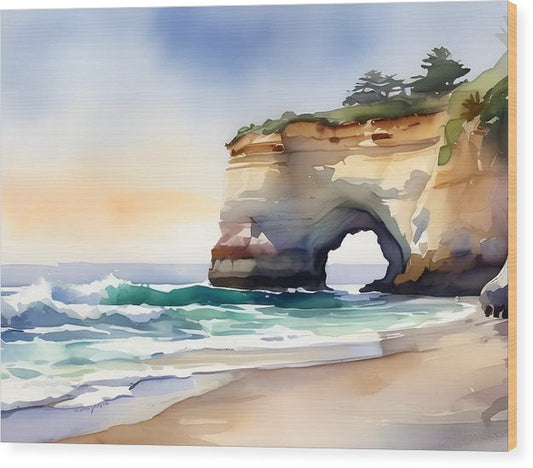 Natural Bridges, Wood Print, Watercolor, Impressionistic Landscape, Beach Artwork, Beach Landscape, Beach Art, California Art, Wall Décor, Wall Art