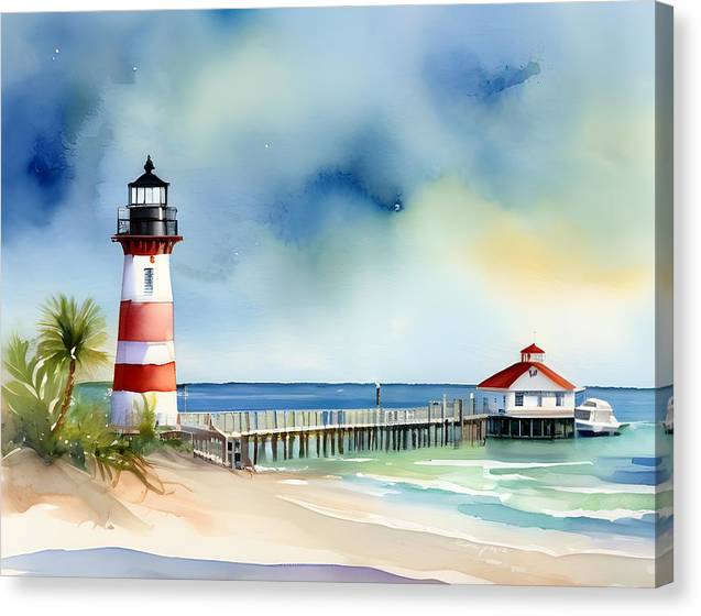 Pier and Lighthouse, Canvas Print, Watercolor, Impressionistic Landscape, Beach Artwork, Beach Landscape, Pier Art, Wall Décor, Wall Art