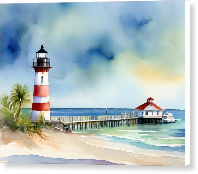 Pier and Lighthouse, Canvas Print, Watercolor, Impressionistic Landscape, Beach Artwork, Beach Landscape, Pier Art, Wall Décor, Wall Art