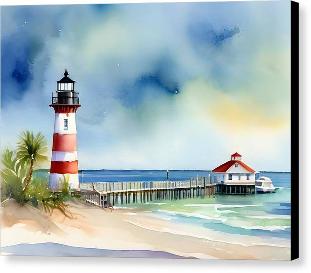 Pier and Lighthouse, Canvas Print, Watercolor, Impressionistic Landscape, Beach Artwork, Beach Landscape, Pier Art, Wall Décor, Wall Art